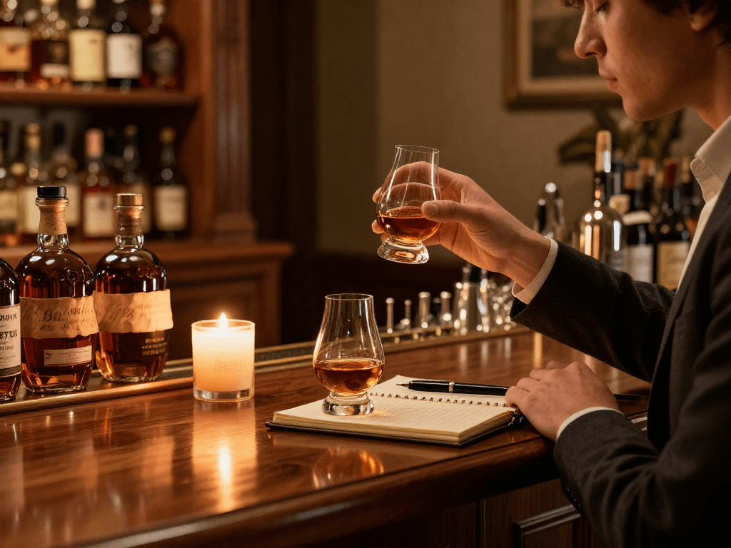 Savoring Blanton's Whiskey in an elegant home bar with premium bourbon collection.