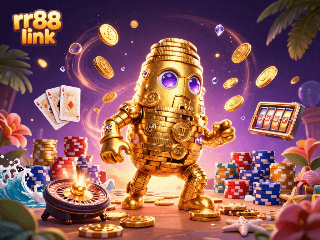 Engage in thrilling games at rr88 link casino with the enchanting golden golem surrounded by dynamic gaming elements.