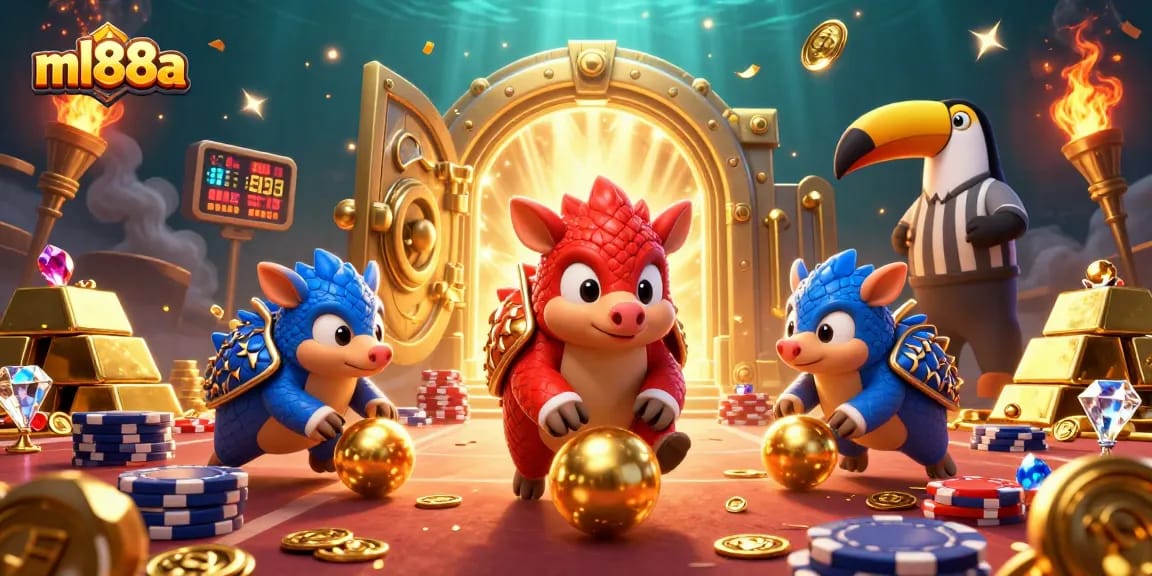Engage in fun at ml88a with cartoon pangolins rolling golden balls and poker chips.