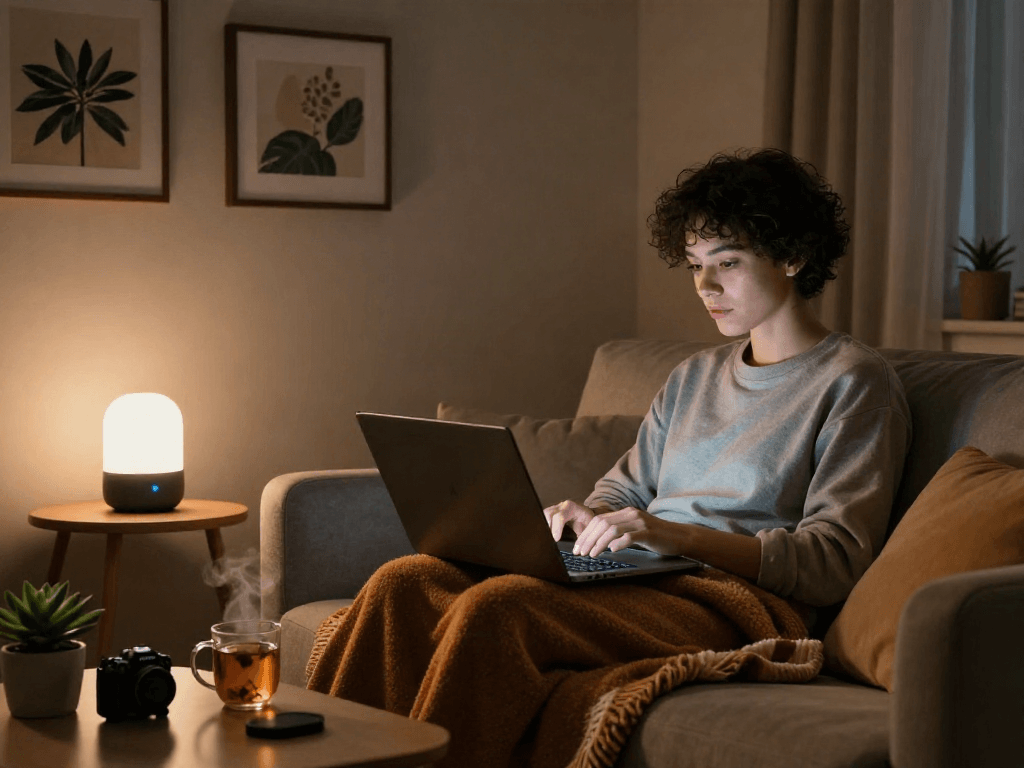 Engaging in AI porn chat on a laptop in a cozy living room.