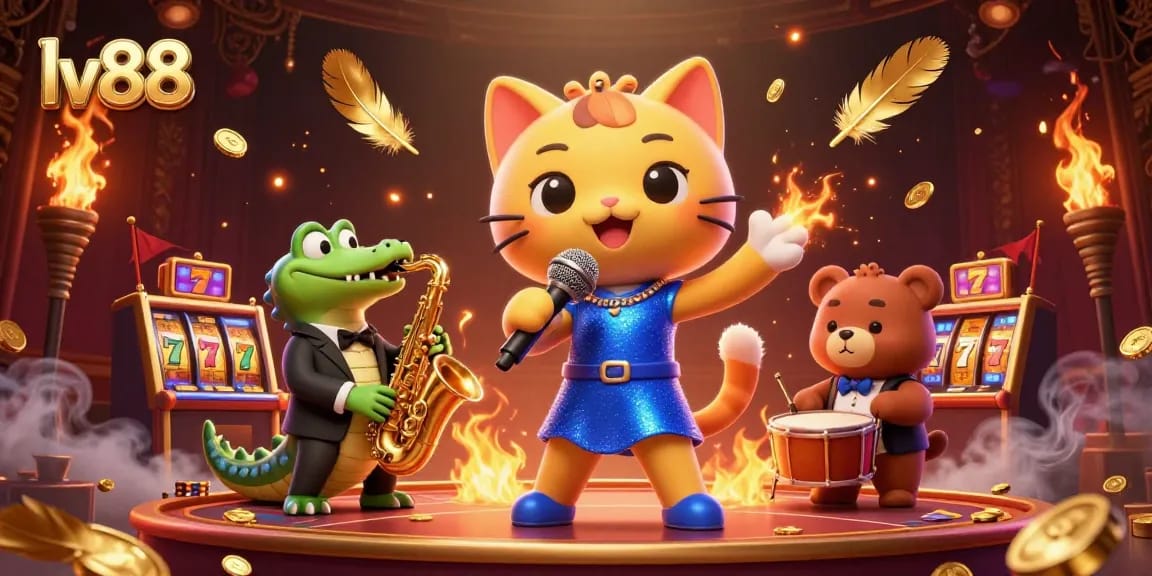 Experience the thrill of lv88 casino with a lively 3D scene of a jazz-singer cat, saxophone crocodile, and drum bear cub.
