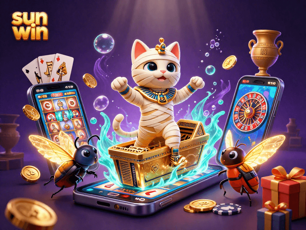 Spin to win with sun win's enchanting mummy cat and casino treasures!