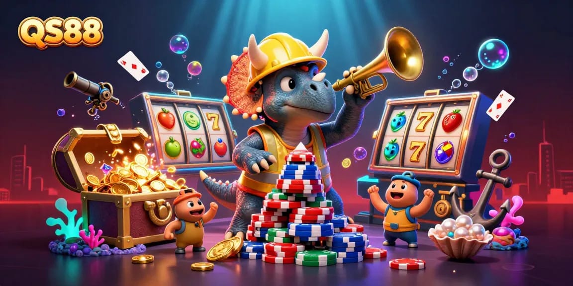 Experience exciting gameplay at QS88 with vibrant slot reels, poker chips, and celebrating characters