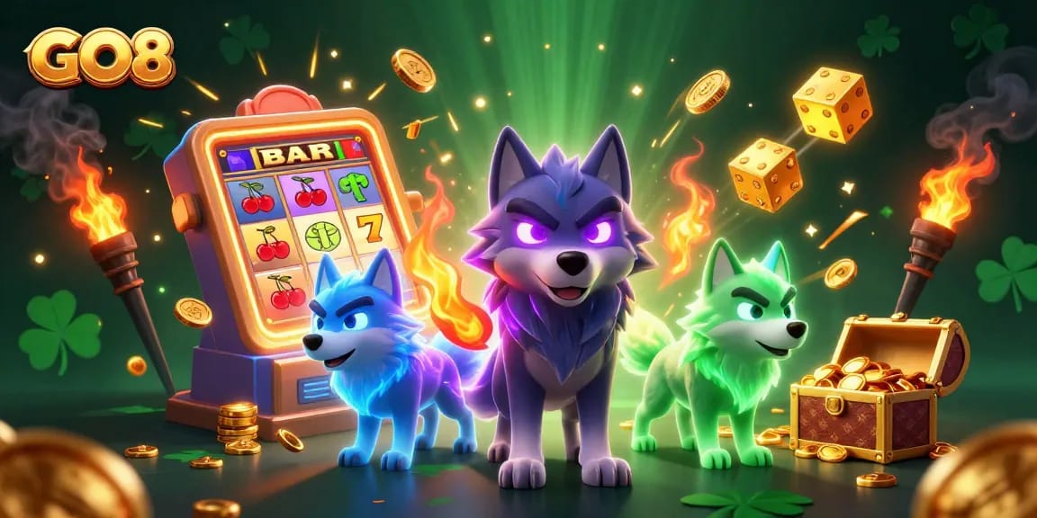 GO8 players enjoy vibrant 3D casino experience with glowing wolves, jackpot symbols, and dynamic game elements.