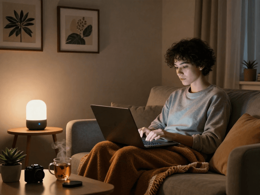 Engaging in AI porn chat on a laptop in a cozy living room.