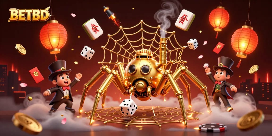 BETBD showcases a vibrant steampunk spider capturing lucky dice amidst a festive casino scene.