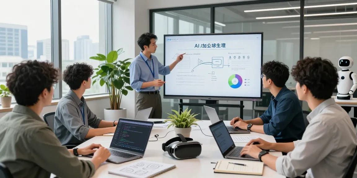 Team discussing AI automation strategies in a modern office, showcasing technology and collaboration