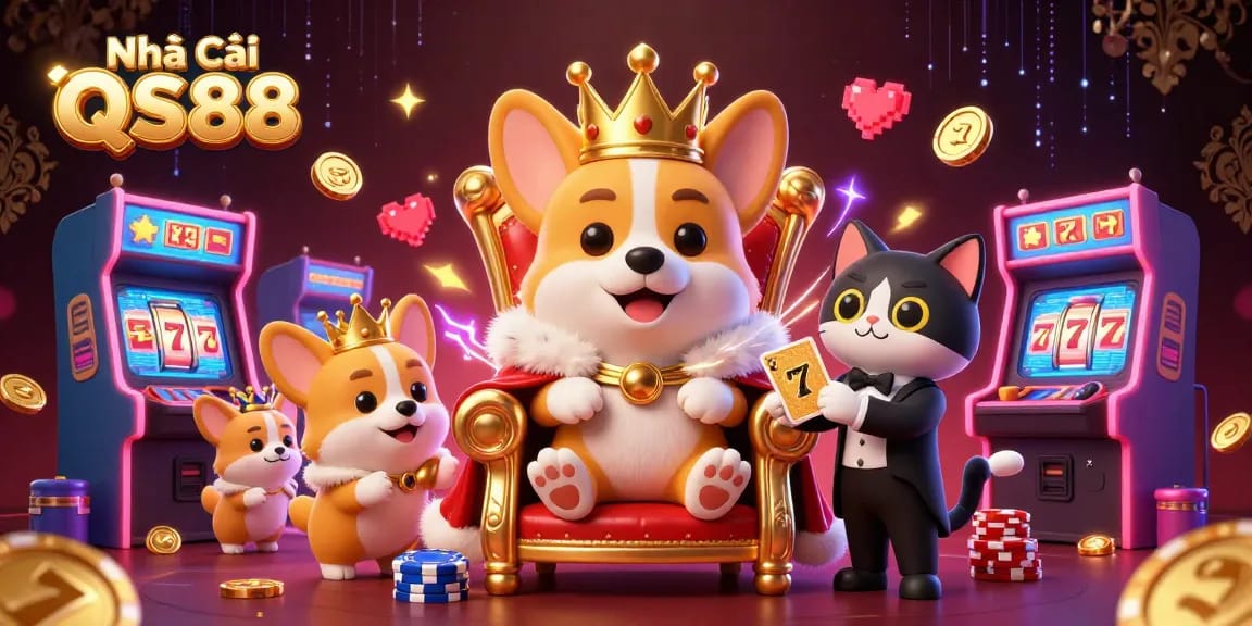 Experience the excitement at Nhà cái QS88 with a vibrant 3D casino illustration, featuring colorful gaming elements.
