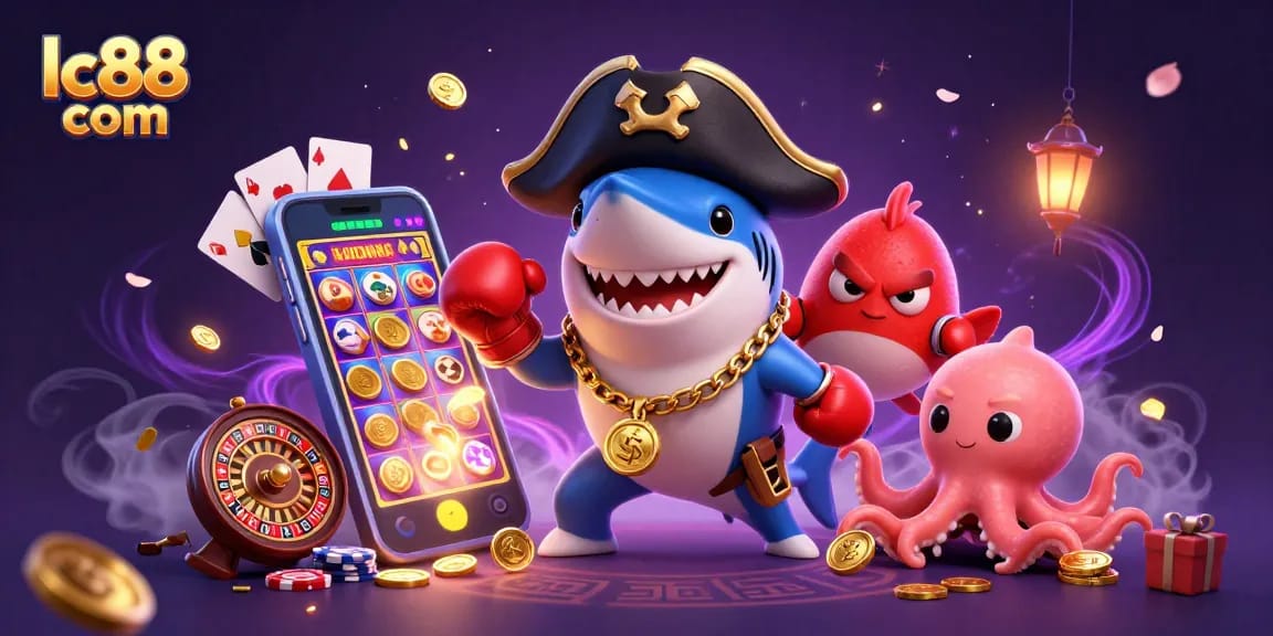 Win big at lc88 com with a pirate shark and friends celebrating in a colorful casino scene!