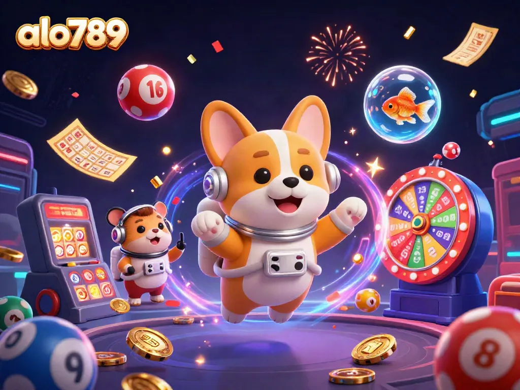 Alo789 engages players with lottery fun, as floating characters animate a vibrant space casino.