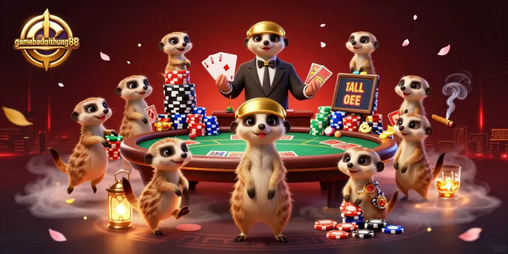 Experience gameplay excitement with gamebaidoithuong88 in a lively meerkat casino scene full of vibrant chips and cards.
