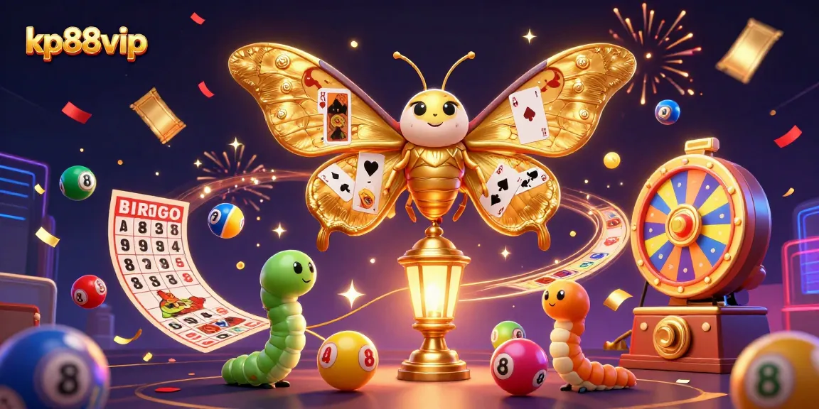 Engage with kp88vip's lively casino scene featuring vibrant lottery elements and a majestic moth.