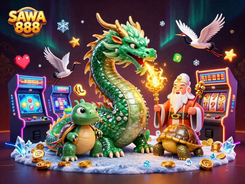 Play exciting slot games with SAWA 888 featuring dynamic characters and vibrant 3D casino elements.