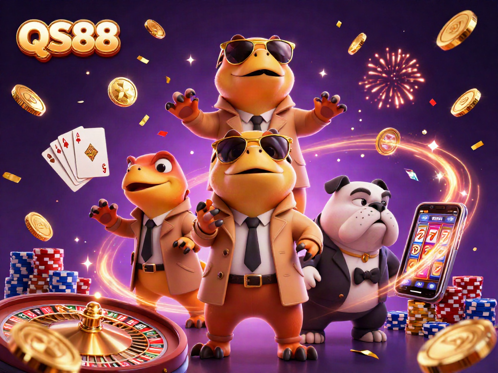 QS88 showcases a vibrant casino scene with raptors in disguise, enticing players to join the fun.