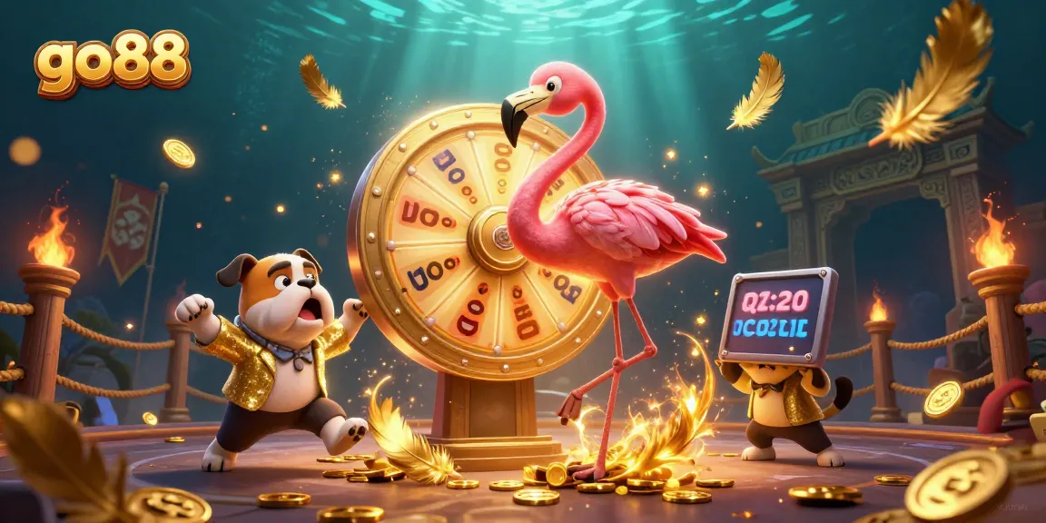 Bet big on go88 with this dynamic cartoon casino scene showcasing exciting prizes and vibrant game elements.