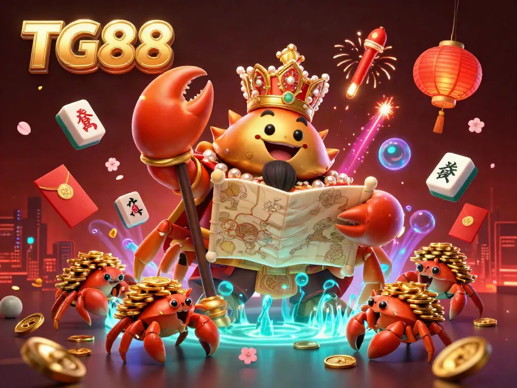 Engage in thrilling gameplay at TG88 with a rich 3D illustration featuring a golden crab emperor amidst casino elements.