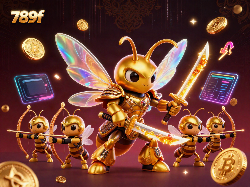 View 789f-inspired scene featuring a golden hornet warrior and bee archers in a vibrant casino setting.