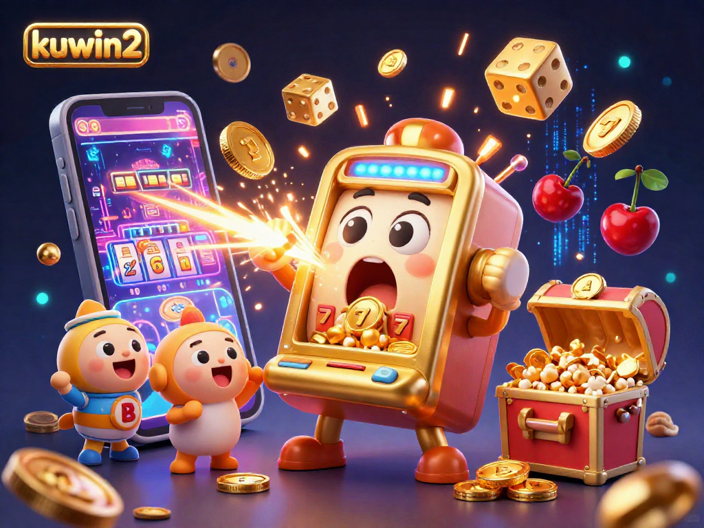 Kuwin2 slot machine character hits the jackpot, surrounded by cheering baby slot machines and golden coins.