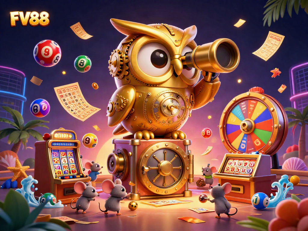 Engage in FV88's thrilling gaming with cartoon owl overseeing vibrant casino action.