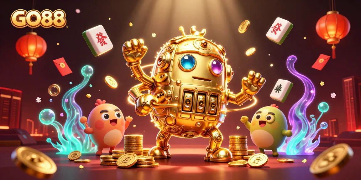 Experience the thrill of GO88 with a golden golem surrounded by vibrant casino elements.