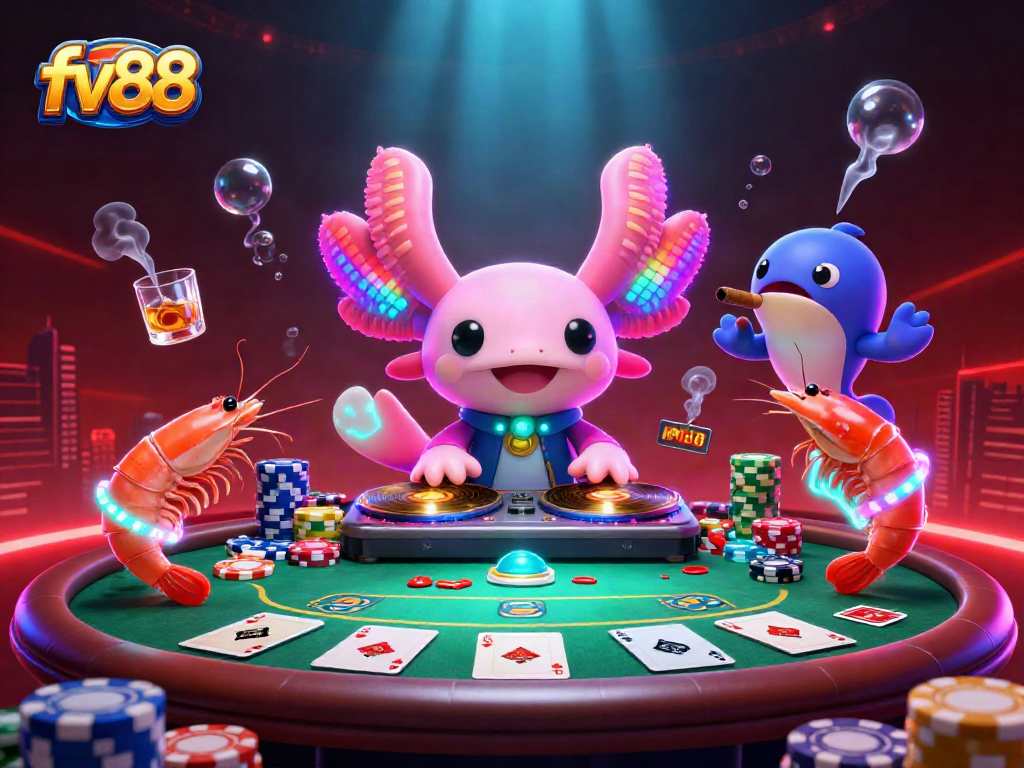 fv88 showcases a vibrant casino scene featuring a neon-colored axolotl DJ and lively poker elements.