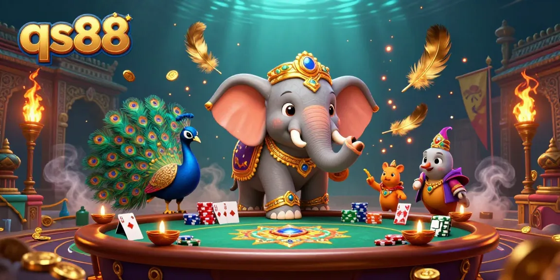 Join the excitement at qs88 with vibrant 3D casino illustration featuring poker hand and Diwali-themed elements.
