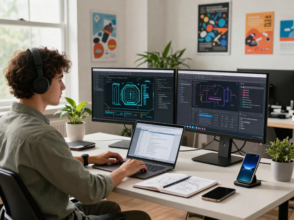 Innovative workspace showcasing spicy ai concepts with dynamic coding visuals and collaboration.