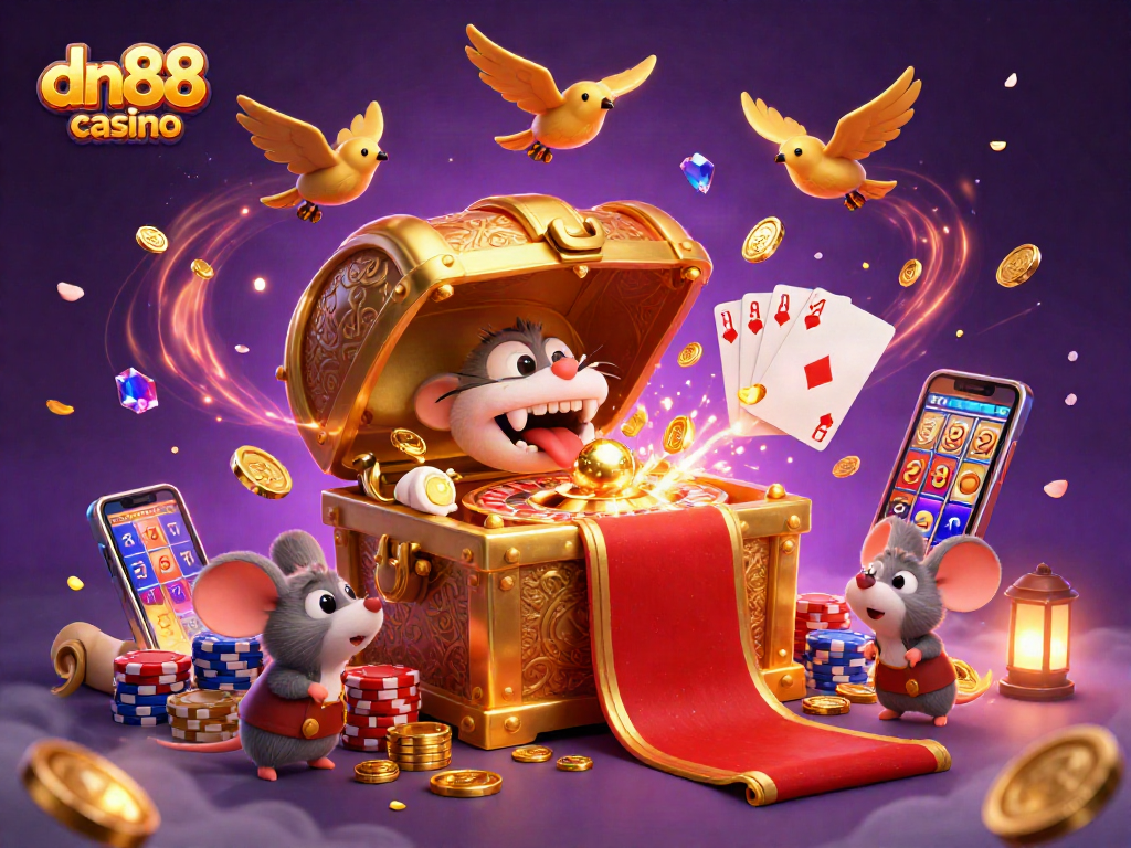 Experience the thrill of dn88 casino with a vibrant 3D treasure chest and adventurous mice amidst cascading riches.