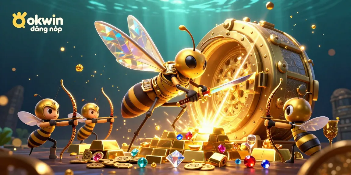 Immerse in the world of okwin đăng nhập with a thrilling illustration of golden hornets and treasures.