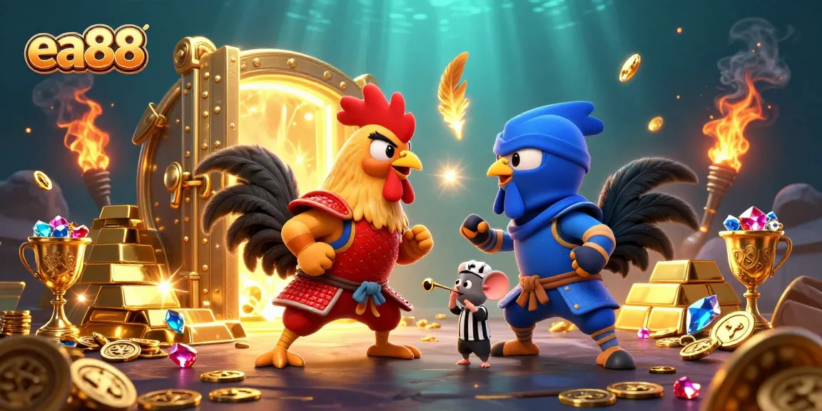 ea88 showcases a vibrant 3D cartoon illustration of fighting roosters amidst golden treasures in a dynamic casino scene.