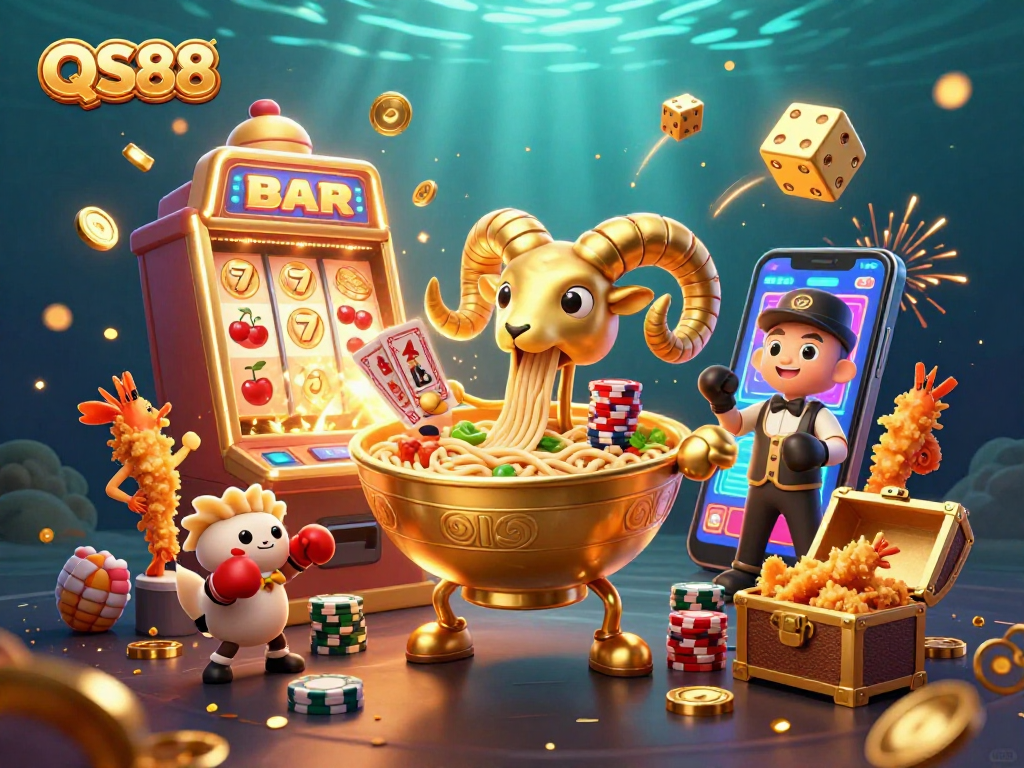 Experience the fun at QS88 with a vibrant casino-themed cartoon illustration packed with games and characters.