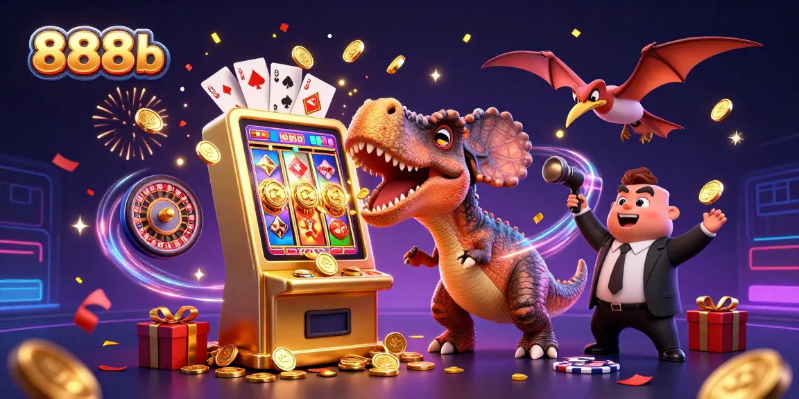 Experience the thrill of 888b with a pachycephalosaurus and jackpot coins cascading in a vibrant casino scene.