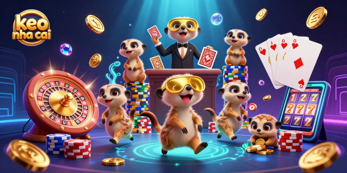 Bet on keo nha cai with this vibrant casino scene featuring playful meerkats and dynamic gaming elements.