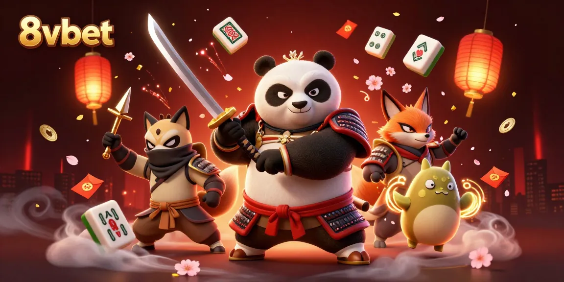 Experience thrilling action with 8vbet's ultra-detailed gaming scene featuring samurai panda and ninja fox.