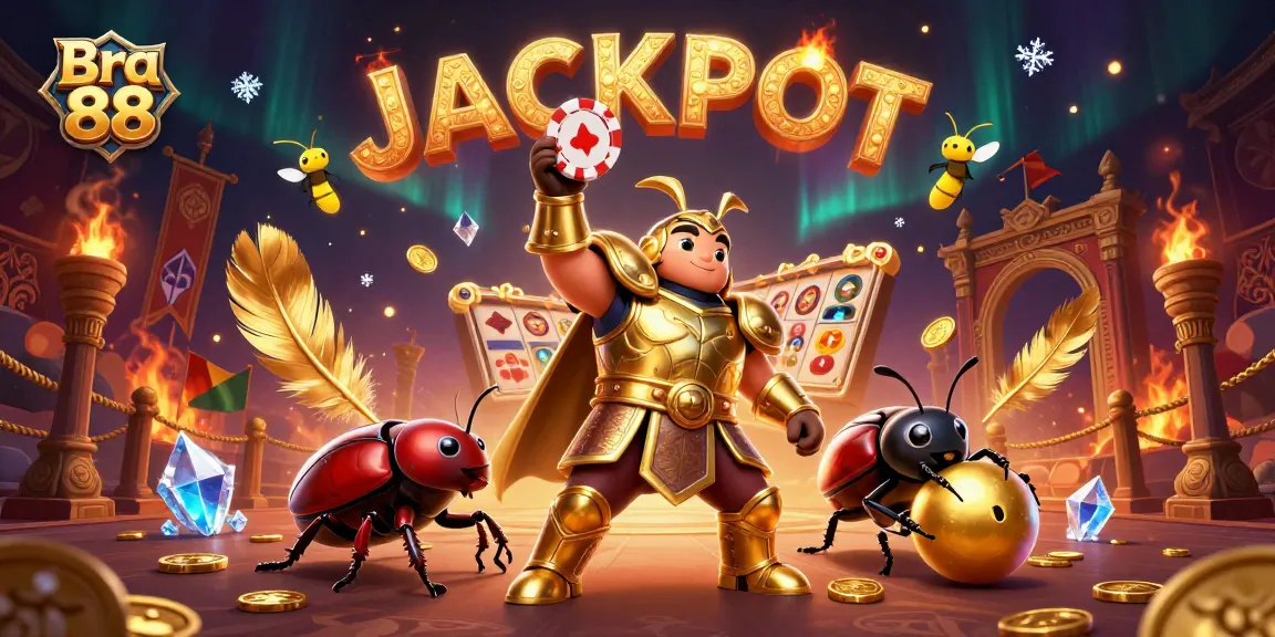 Engage in thrilling slots with Bra 88's cartoon hercules beetle championing a poker chip for victory.