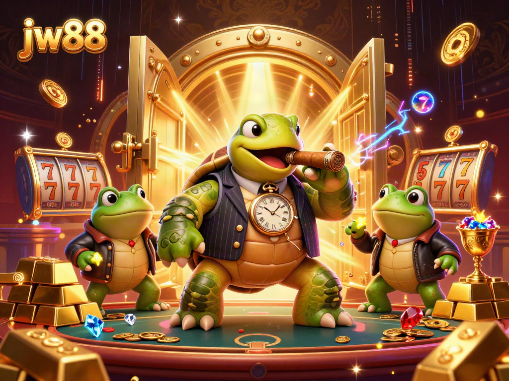 Engage with the lively casino scene featuring jw88, a cartoon turtle mobster amidst sparkling riches and gaming elements.