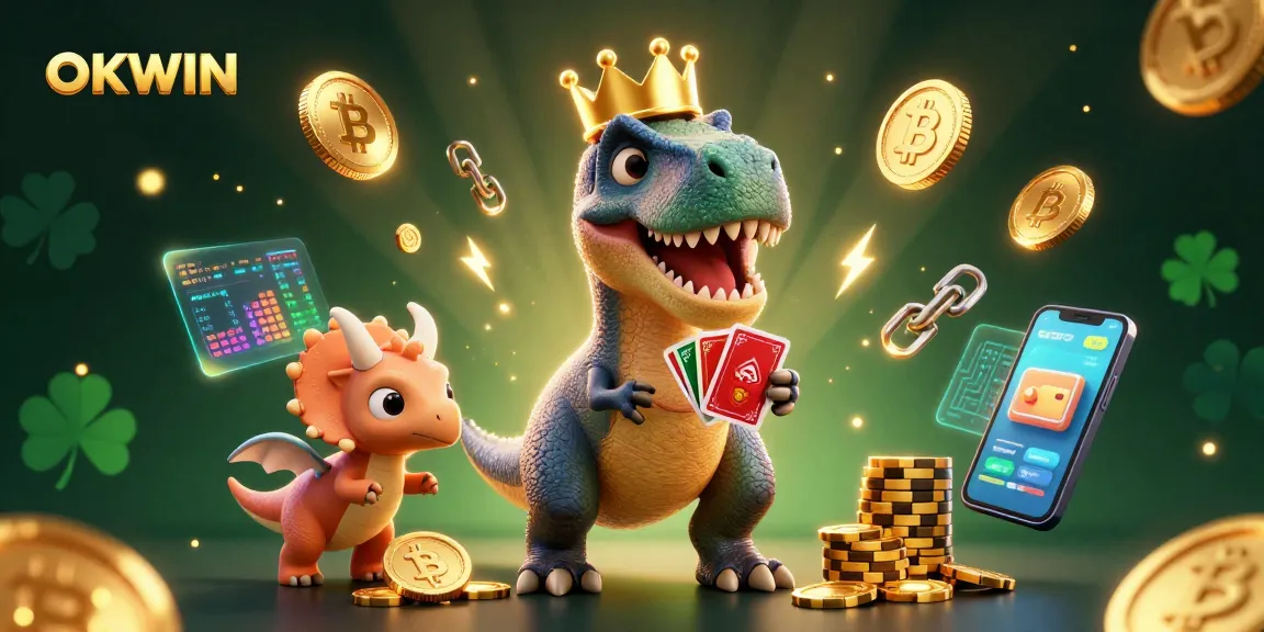 Experience the thrill of OKWIN gaming with a vibrant 3D illustration featuring charming dinosaur characters in a casino setting.