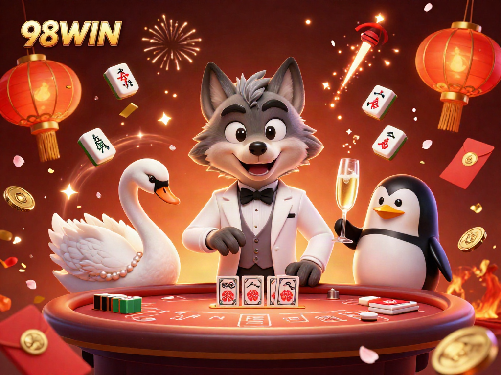 Join the excitement at 98WIN with a debonair wolf and an elegant swan dealing cards.