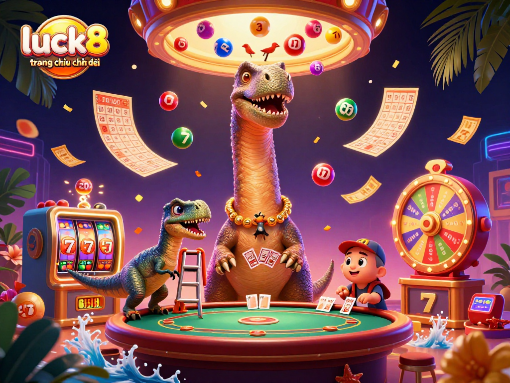 Engage with luck8 trang chủ chính thức in a vibrant 3D casino scene featuring playful dinosaurs and dynamic gaming elements.