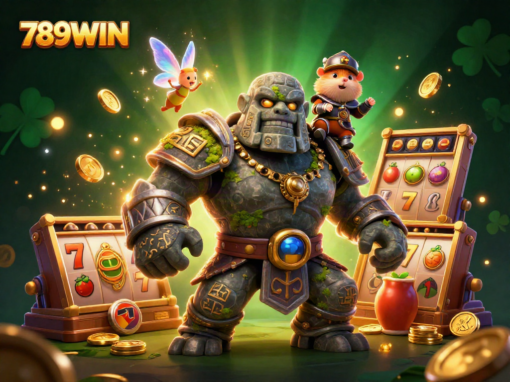 Engage with 789WIN in an enchanting 3D casino scene featuring magical characters and vibrant slot reels.