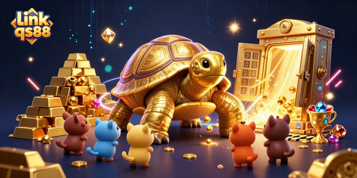 Play thrilling games at link qs88 with a vibrant golden tortoise and rich treasures scattered around