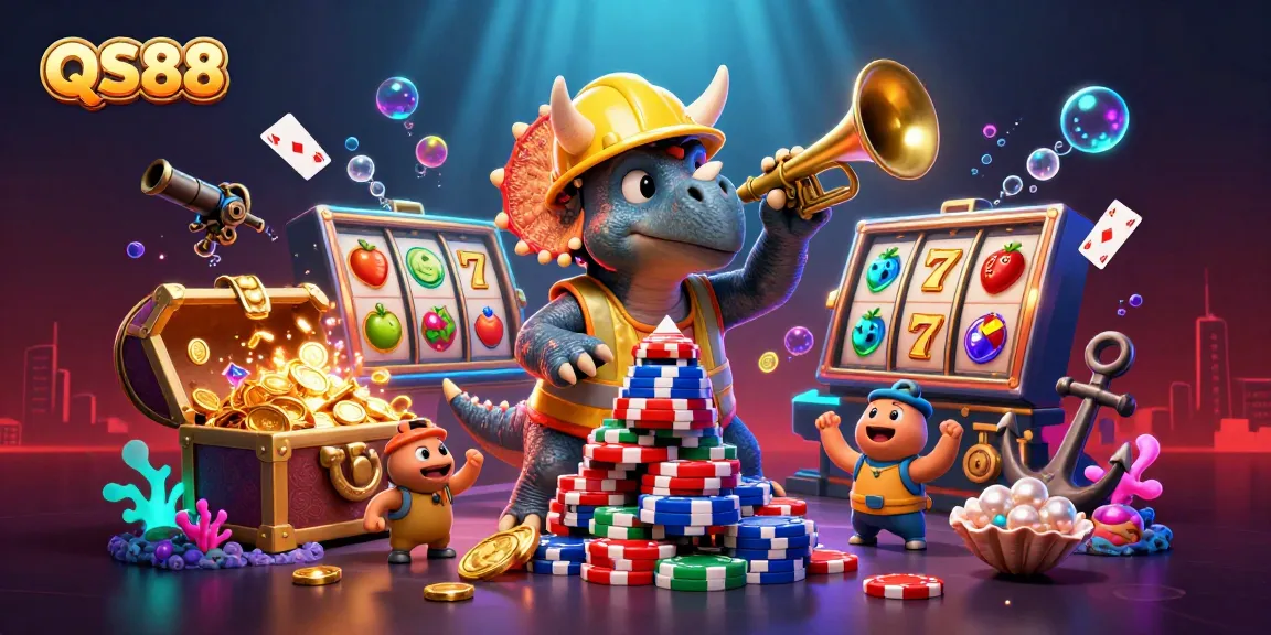 Experience exciting gameplay at QS88 with vibrant slot reels, poker chips, and celebrating characters