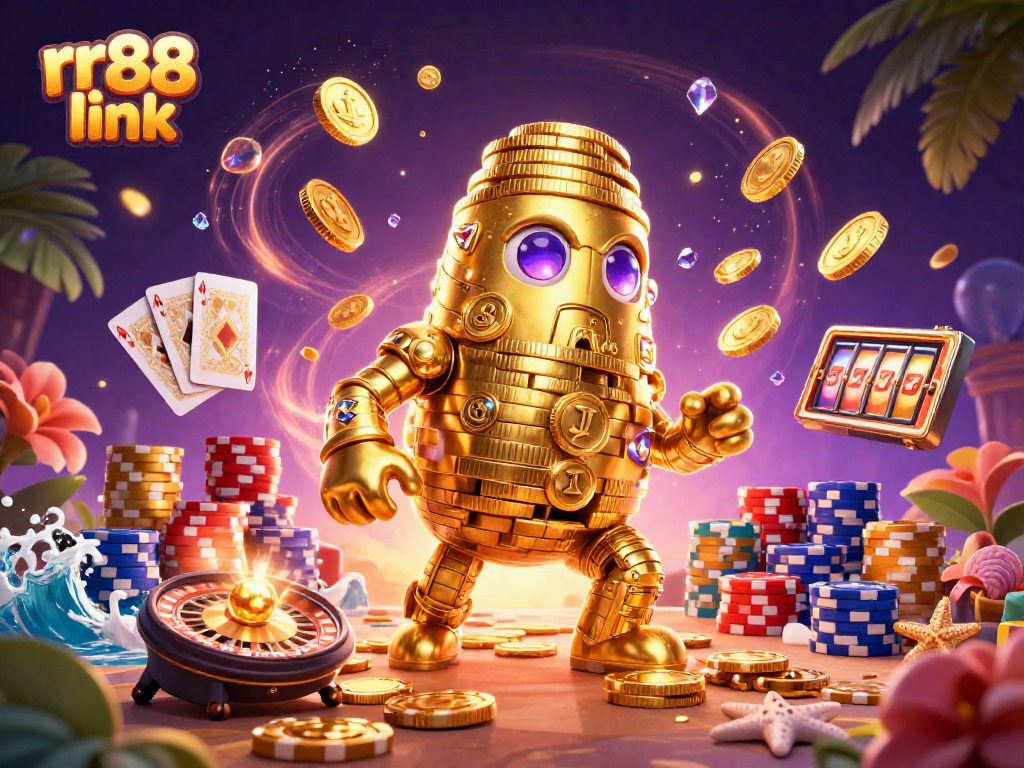 Engage in thrilling games at rr88 link casino with the enchanting golden golem surrounded by dynamic gaming elements.