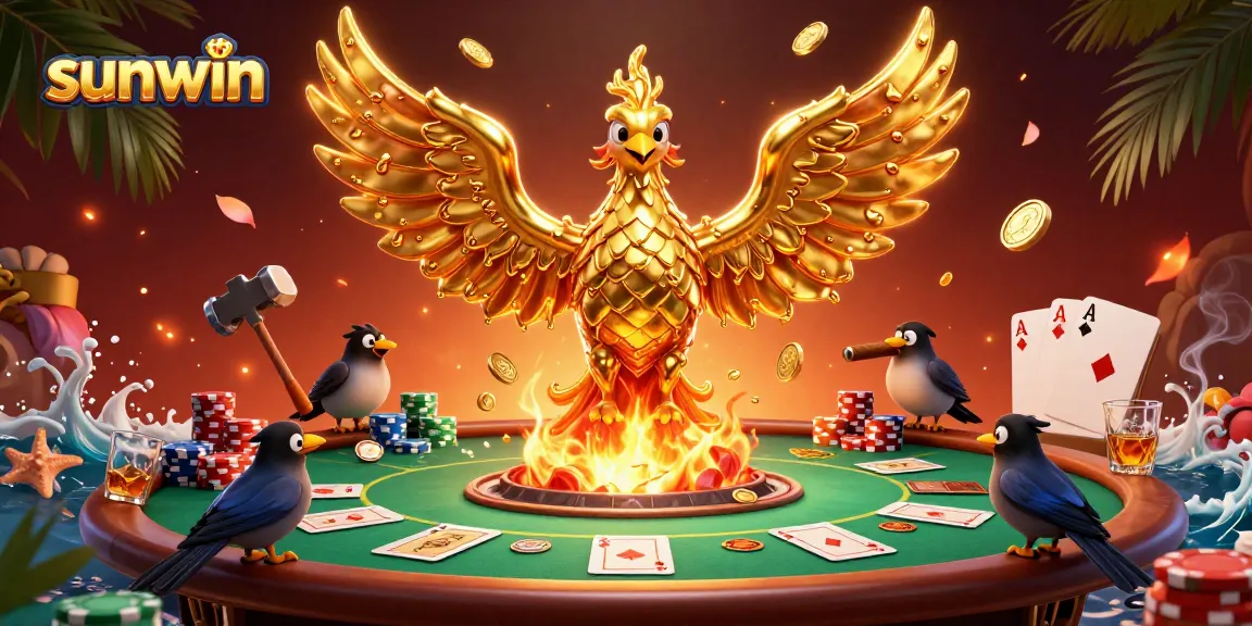 Win big at sunwin with an immersive 3D golden phoenix and poker scene, featuring vibrant casino elements.