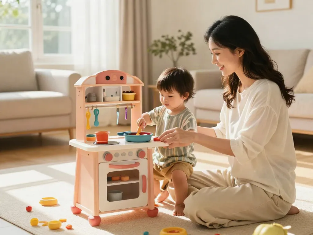 Child engaged with a toy kitchen, showcasing fun and creativity in a colourful playroom.