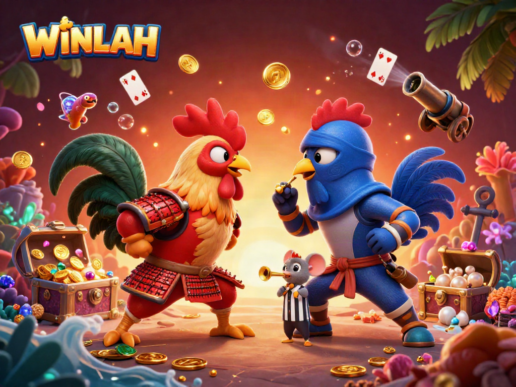 Experience thrilling action at WINLAH with roosters battling for glory amidst treasures and casino elements.
