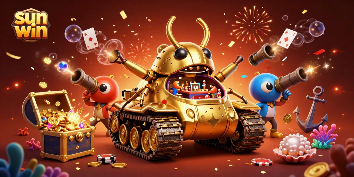 Experience the excitement of sun win with a casino inside a golden beetle tank in a vibrant scene.