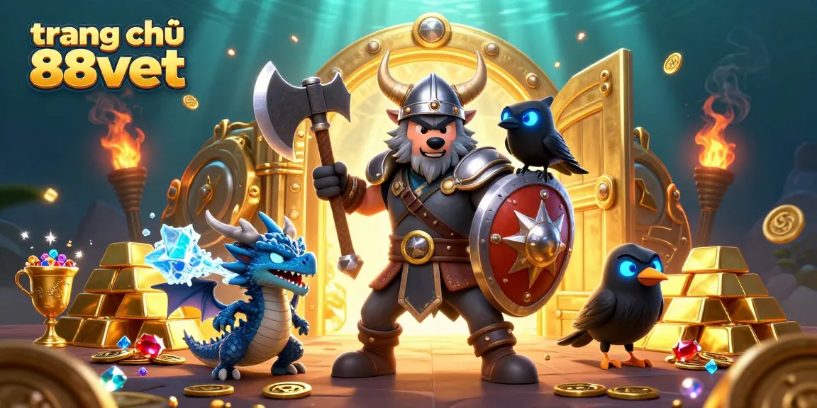 Join the excitement at trang chủ 88vbet, a vibrant scene featuring a Viking warrior, dragon, and treasures.