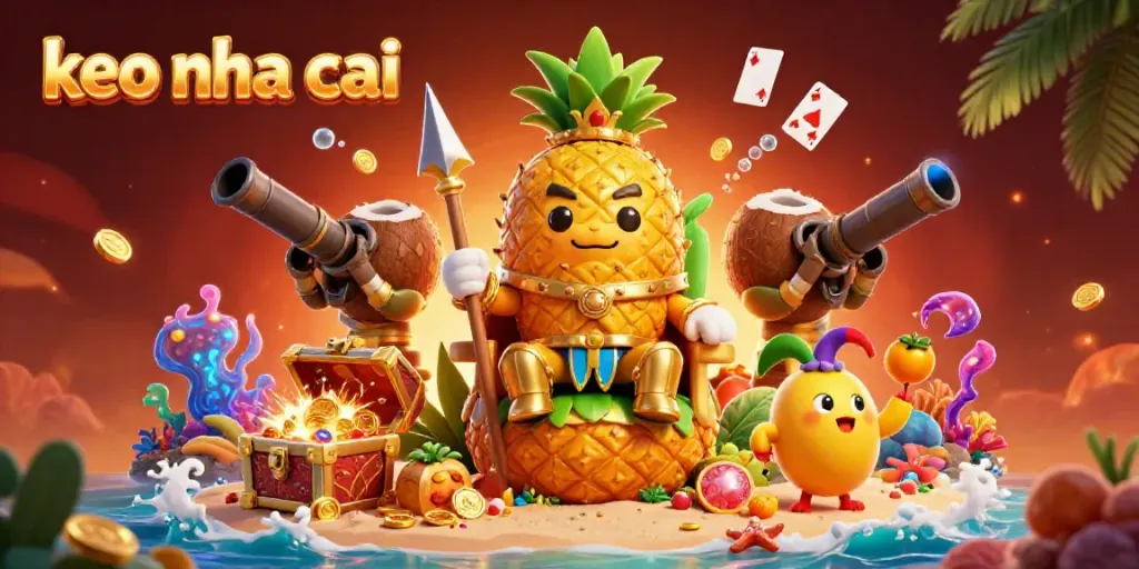 Engaging scene of a golden pineapple king with coconut bodyguards at a beach casino showcasing keo nha cai betting excitement.