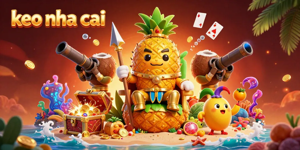 Engaging scene of a golden pineapple king with coconut bodyguards at a beach casino showcasing keo nha cai betting excitement.